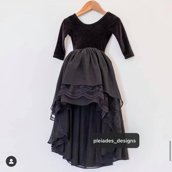 Girls Pleiades Designs Black Ballerina Eliza Velour Hi Lo Chiffon Lace Dress 4T - Picture 2 of 5